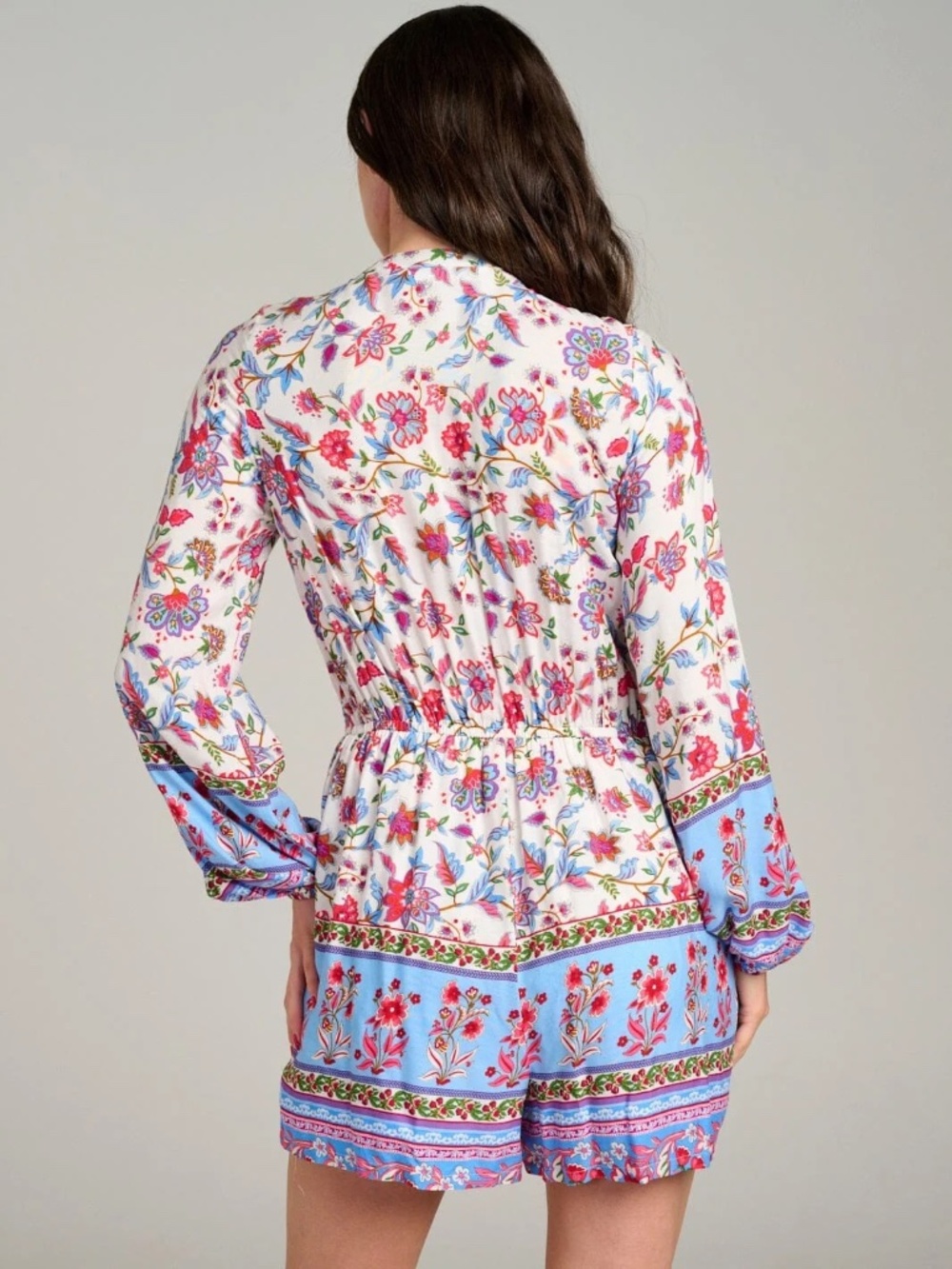 "Available" Women's Long Sleeve Button Up Front Pockets Floral Romper - Picture 4 of 11
